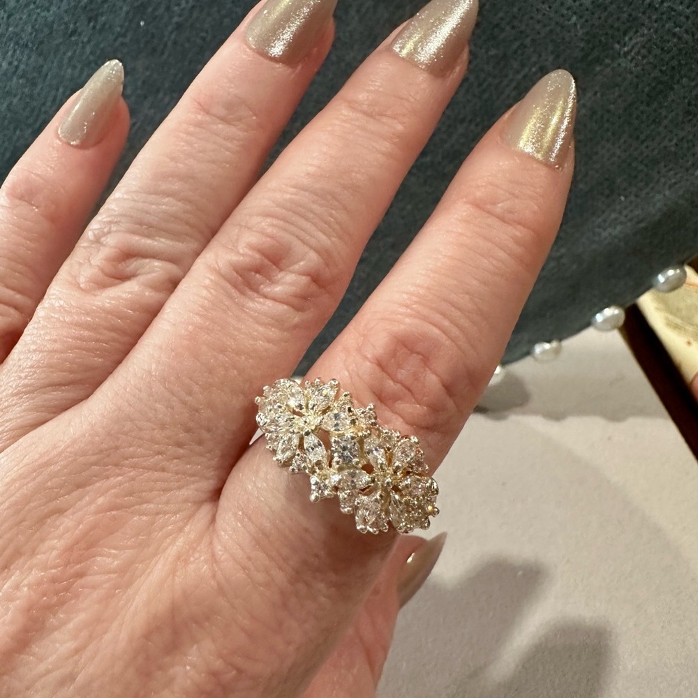 Silver Tone Floral Cluster Ring with Clear Stones - Women Jewelry